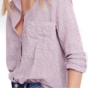 Free People No Limits Shirt Sz XS Button Down Oversized Tunic Striped Red